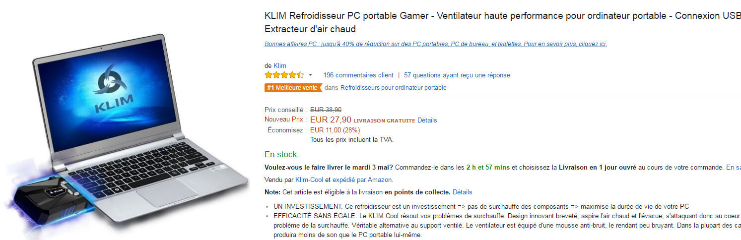 KLIM Refroidisseur PC portable Gamer - Ventilateur haute performance pour ordinateur portable - Connexion USB - Extracteur d'air chaud
